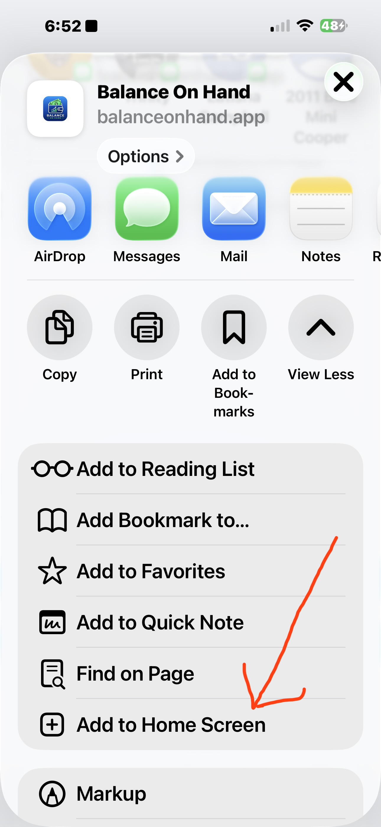Safari Share menu showing Add to Home Screen